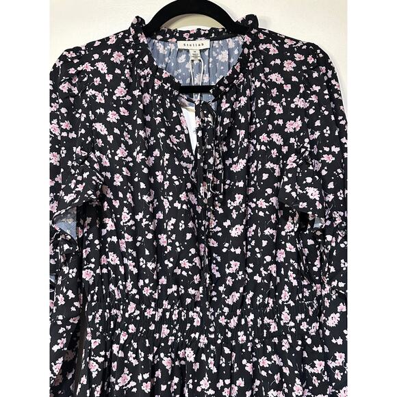 Stellah Tie-Neck Mini Dress Black Floral Print Size Medium NWT - Picture 5 of 14